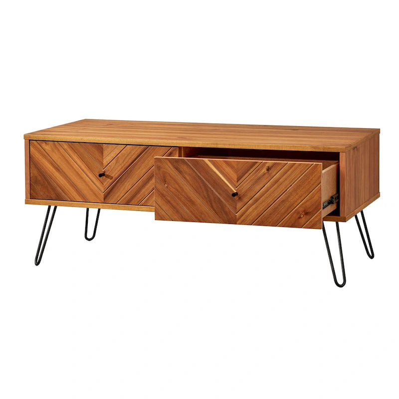 Table basse avec 2 tiroirs, chêne, motif chevron, style Mid-Century, placage acacia