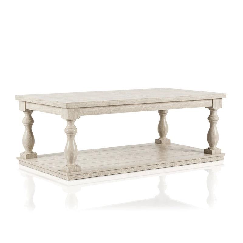 Table basse en bois avec étagère inférieure, blanc antique, rustique traditionnel, 132 cm de long, 34 kg, 1 place et plus