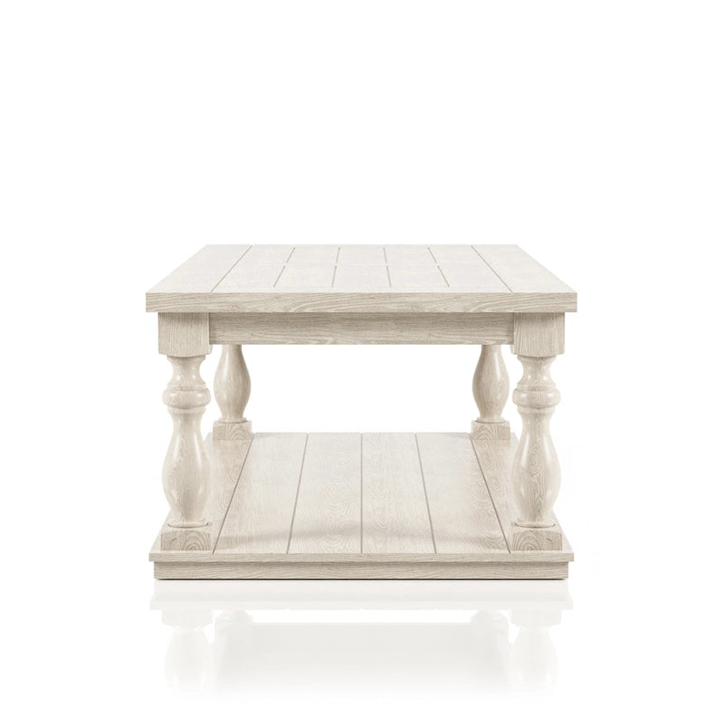 Table basse en bois avec étagère inférieure, blanc antique, rustique traditionnel, 132 cm de long, 34 kg, 1 place et plus