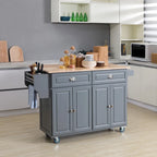 Îlot de cuisine roulant, abattant, plateau en bois d'hévéa, 2 tiroirs et 2 placards, 4 roulettes, 146 cm de large, gris foncé