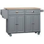 Îlot de cuisine roulant, abattant, plateau en bois d'hévéa, 2 tiroirs et 2 placards, 4 roulettes, 146 cm de large, gris foncé