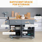 Îlot de cuisine roulant, abattant, plateau en bois d'hévéa, 2 tiroirs et 2 placards, 4 roulettes, 146 cm de large, gris foncé
