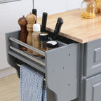 Îlot de cuisine roulant, abattant, plateau en bois d'hévéa, 2 tiroirs et 2 placards, 4 roulettes, 146 cm de large, gris foncé