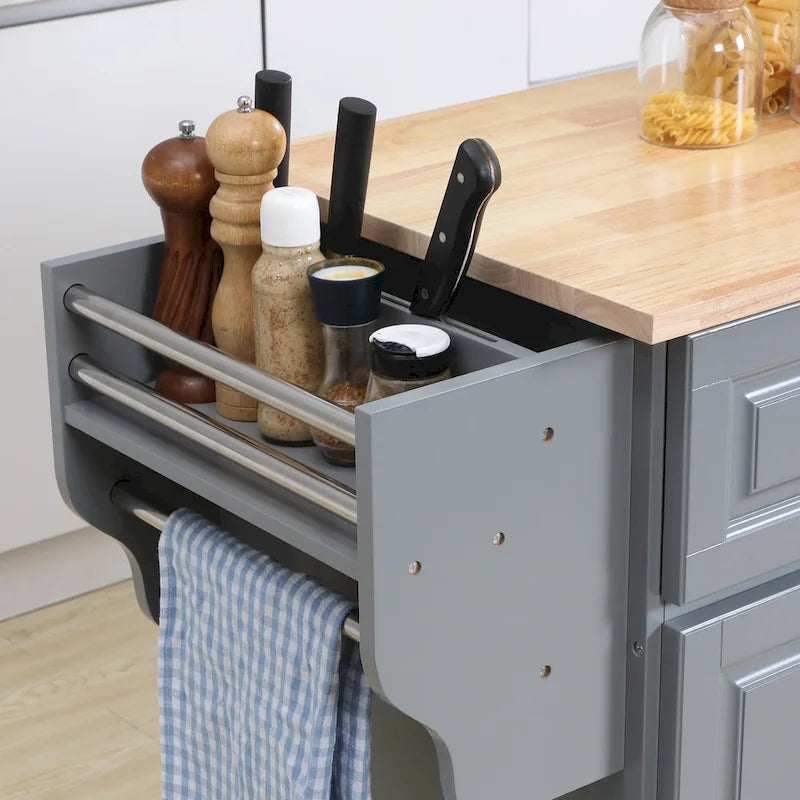 Îlot de cuisine roulant, abattant, plateau en bois d'hévéa, 2 tiroirs et 2 placards, 4 roulettes, 146 cm de large, gris foncé