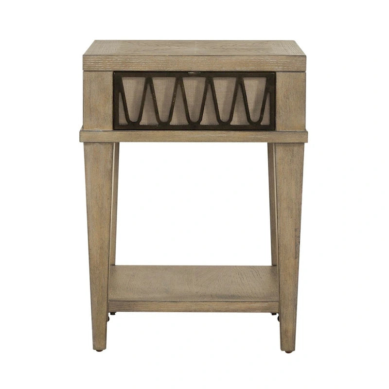 Table d'appoint avec tiroir et étagère inférieure, finition grès, bois d'hévéa et placage de chêne, 47 cm (L) x 61 cm (H)