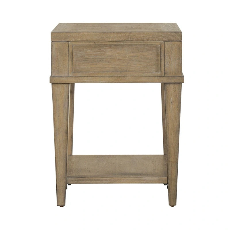 Table d'appoint avec tiroir et étagère inférieure, finition grès, bois d'hévéa et placage de chêne, 47 cm (L) x 61 cm (H)