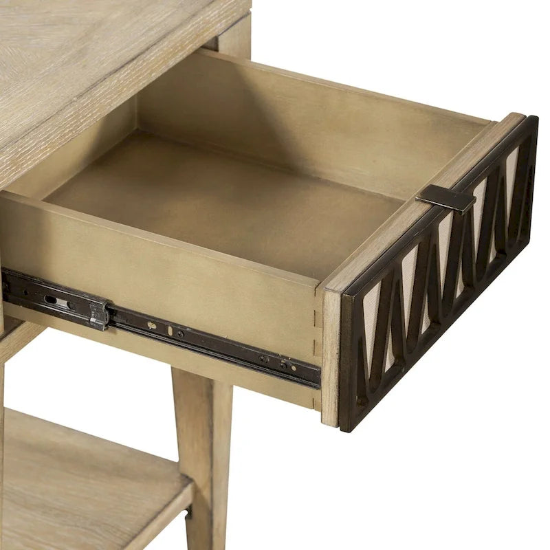 Table d'appoint avec tiroir et étagère inférieure, finition grès, bois d'hévéa et placage de chêne, 47 cm (L) x 61 cm (H)