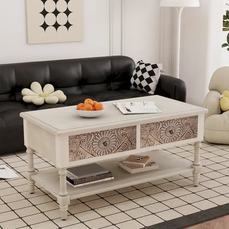 Table basse rectangulaire, 2 tiroirs et étagère ouverte, MDF avec placage, motif floral, 99,6 cm (L) x 49,8 cm (P) x 49,8 cm (H), 36,3 kg