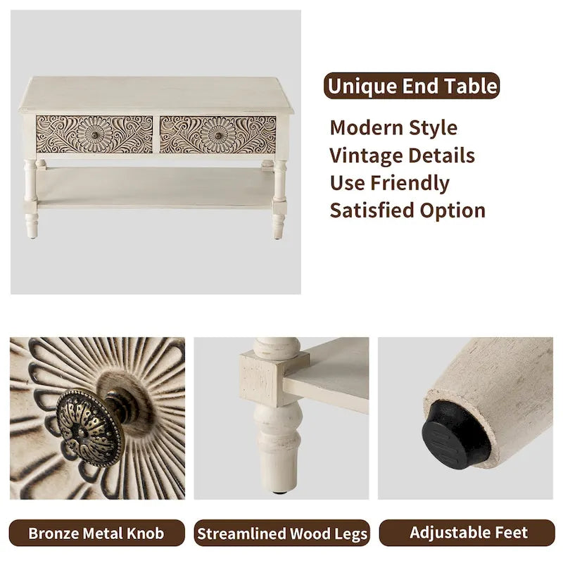 Table basse rectangulaire, 2 tiroirs et étagère ouverte, MDF avec placage, motif floral, 99,6 cm (L) x 49,8 cm (P) x 49,8 cm (H), 36,3 kg