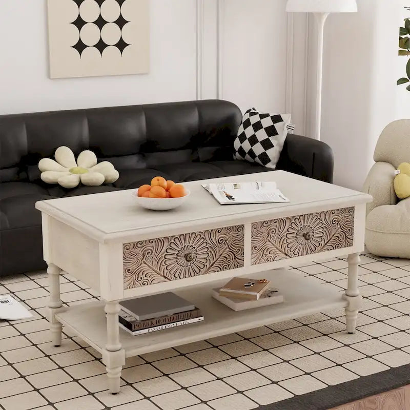 Table basse rectangulaire, 2 tiroirs et étagère ouverte, MDF avec placage, motif floral, 99,6 cm (L) x 49,8 cm (P) x 49,8 cm (H), 36,3 kg