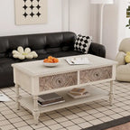 Table basse rectangulaire, 2 tiroirs et étagère ouverte, MDF avec placage, motif floral, 99,6 cm (L) x 49,8 cm (P) x 49,8 cm (H), 36,3 kg