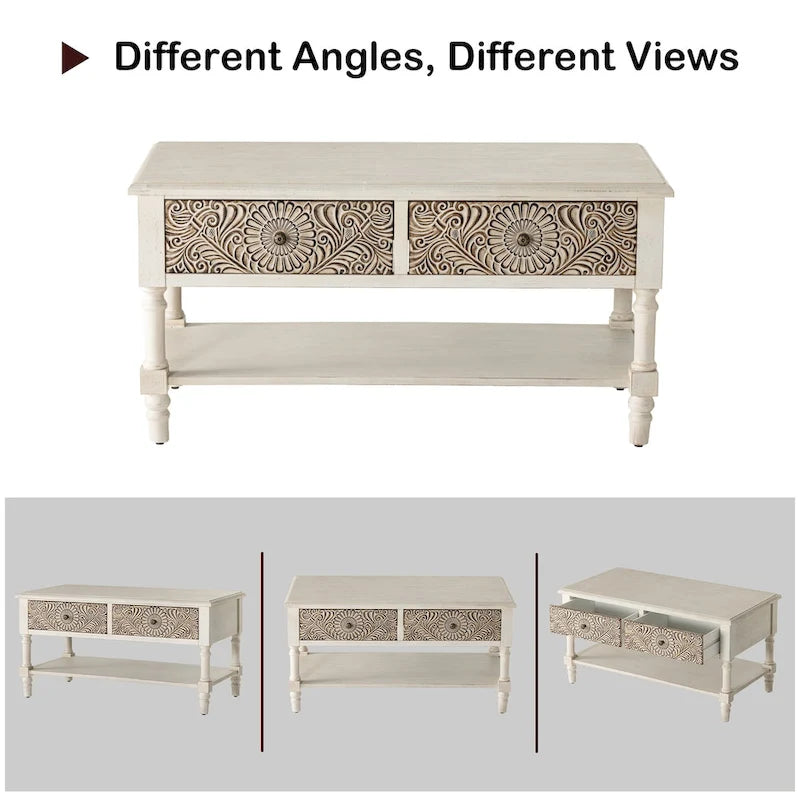 Table basse rectangulaire, 2 tiroirs et étagère ouverte, MDF avec placage, motif floral, 99,6 cm (L) x 49,8 cm (P) x 49,8 cm (H), 36,3 kg