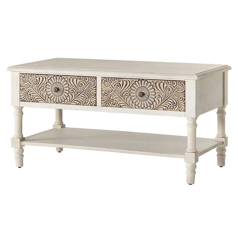 Table basse rectangulaire, 2 tiroirs et étagère ouverte, MDF avec placage, motif floral, 99,6 cm (L) x 49,8 cm (P) x 49,8 cm (H), 36,3 kg