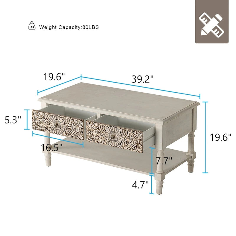 Table basse rectangulaire, 2 tiroirs et étagère ouverte, MDF avec placage, motif floral, 99,6 cm (L) x 49,8 cm (P) x 49,8 cm (H), 36,3 kg