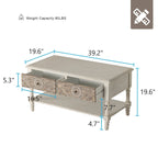 Table basse rectangulaire, 2 tiroirs et étagère ouverte, MDF avec placage, motif floral, 99,6 cm (L) x 49,8 cm (P) x 49,8 cm (H), 36,3 kg