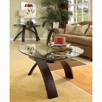 Table d'appoint moderne en verre, merisier, piètement en arceaux croisés, placage noyer