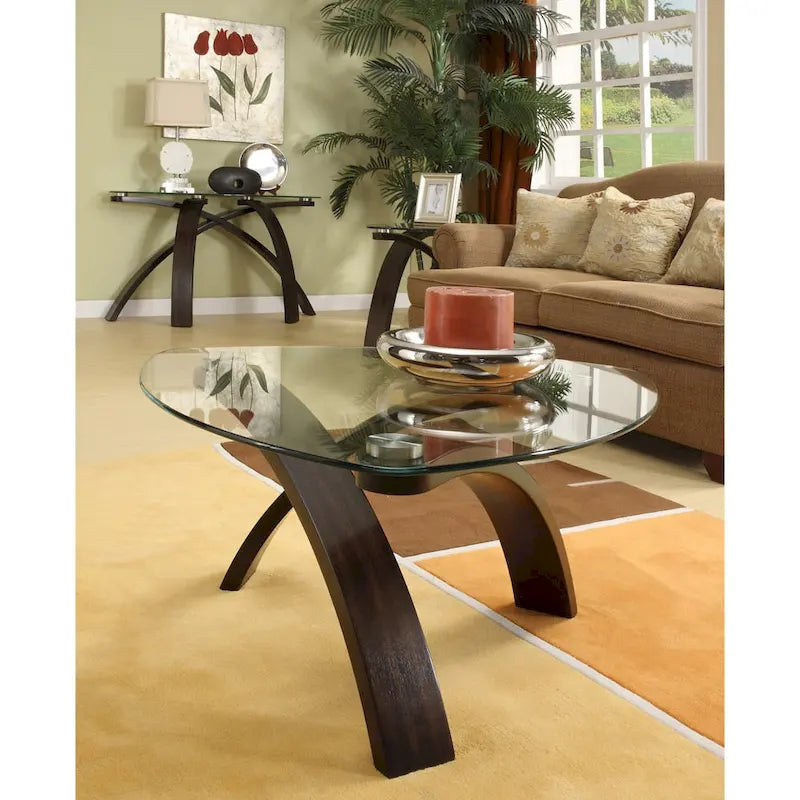 Table d'appoint moderne en verre, merisier, piètement en arceaux croisés, placage noyer