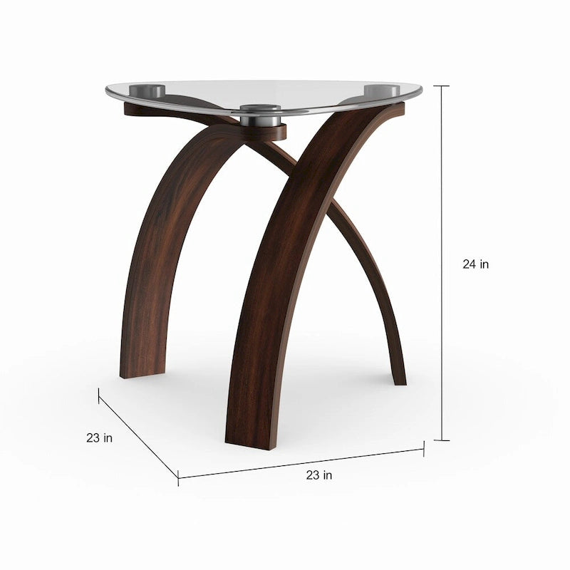Table d'appoint moderne en verre, merisier, piètement en arceaux croisés, placage noyer