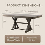Table à manger extensible, style rustique de ferme, piètement tréteau, rallonge de 45,7 cm, bois, 152-198 cm (L) x 101,6 cm (l) x 78,7 cm (H), gris
