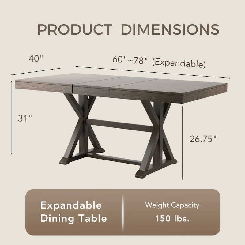 Table à manger extensible, style rustique de ferme, piètement tréteau, rallonge de 45,7 cm, bois, 152-198 cm (L) x 101,6 cm (l) x 78,7 cm (H), gris