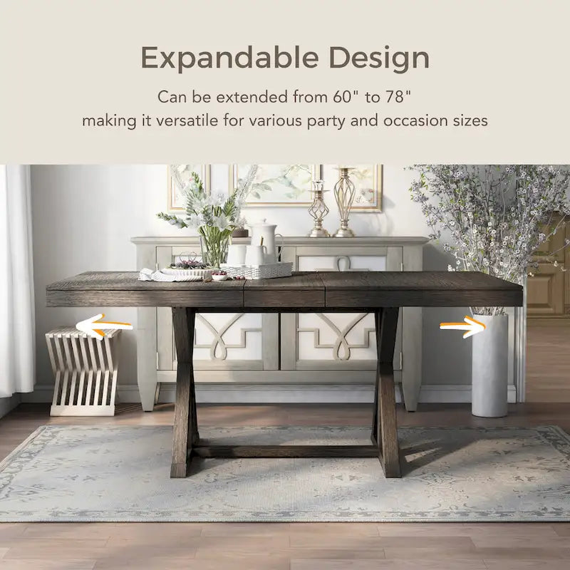 Table à manger extensible, style rustique de ferme, piètement tréteau, rallonge de 45,7 cm, bois, 152-198 cm (L) x 101,6 cm (l) x 78,7 cm (H), gris
