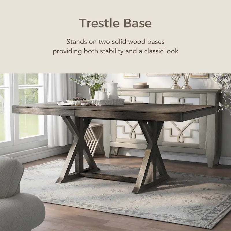 Table à manger extensible, style rustique de ferme, piètement tréteau, rallonge de 45,7 cm, bois, 152-198 cm (L) x 101,6 cm (l) x 78,7 cm (H), gris
