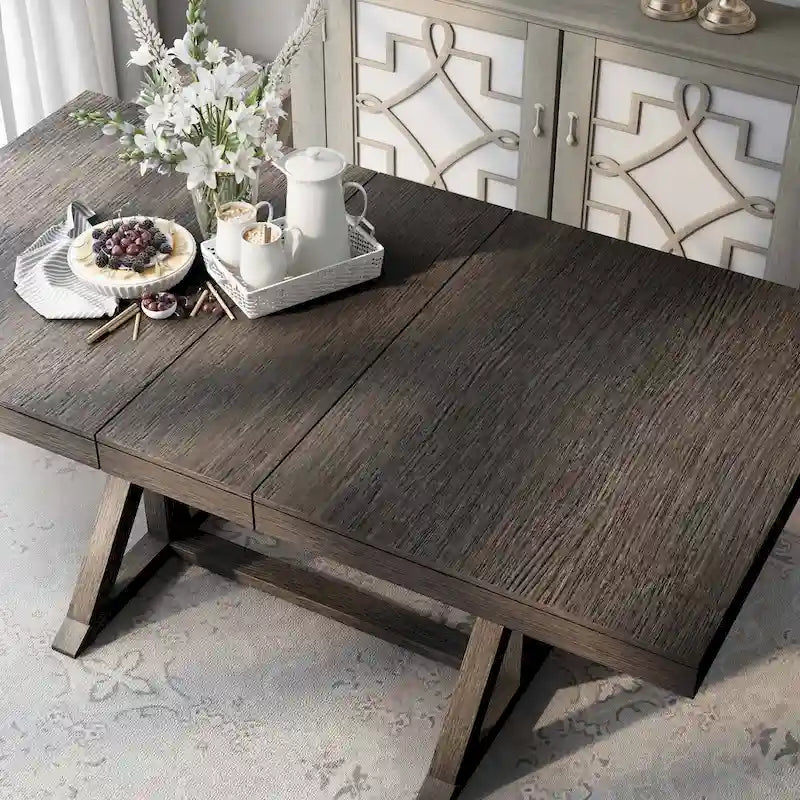 Table à manger extensible, style rustique de ferme, piètement tréteau, rallonge de 45,7 cm, bois, 152-198 cm (L) x 101,6 cm (l) x 78,7 cm (H), gris