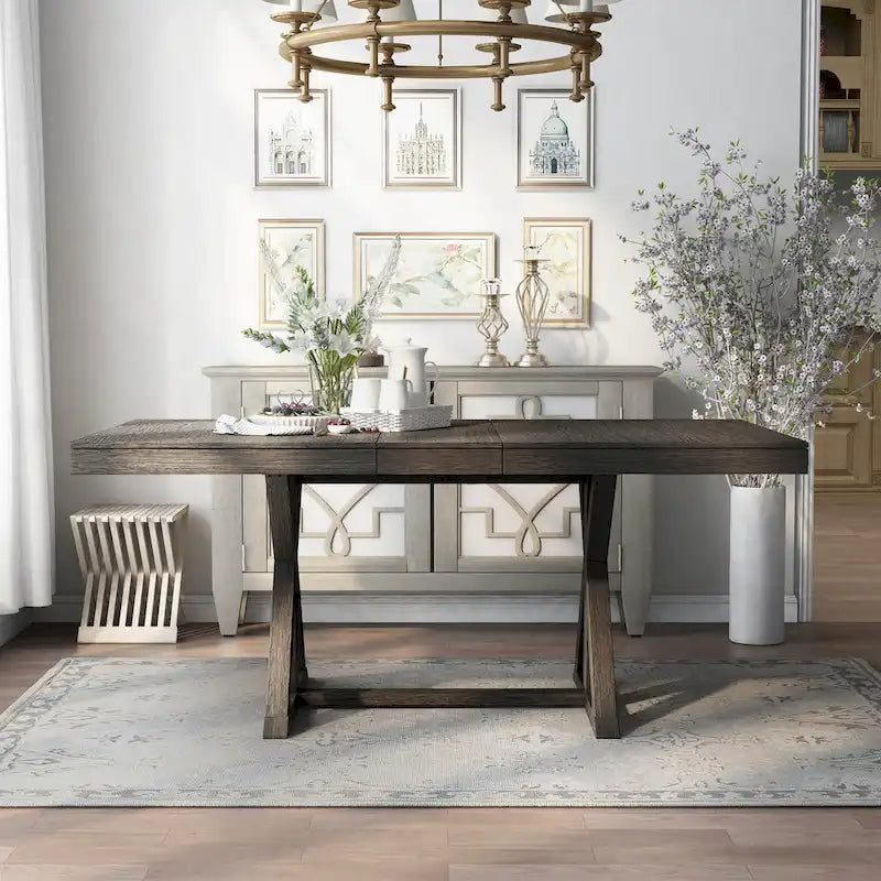 Table à manger extensible, style rustique de ferme, piètement tréteau, rallonge de 45,7 cm, bois, 152-198 cm (L) x 101,6 cm (l) x 78,7 cm (H), gris