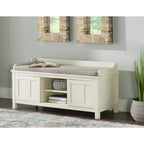 Banc de rangement capitonné avec portes coulissantes, bois et métal, blanc, standard, 45"L x 21"H, 1 place