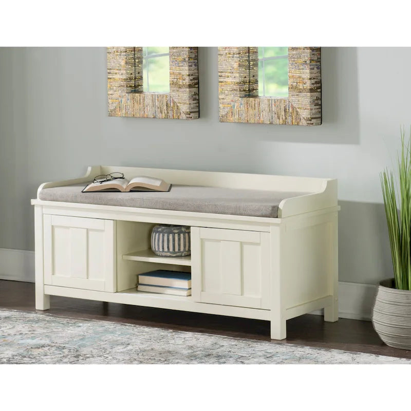 Banc de rangement capitonné avec portes coulissantes, bois et métal, blanc, standard, 45"L x 21"H, 1 place