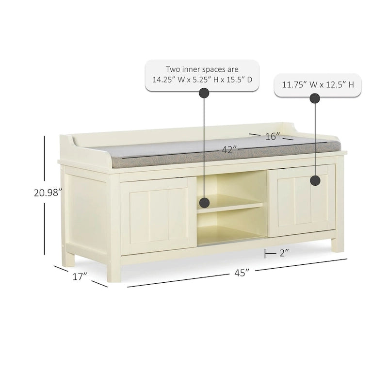 Banc de rangement capitonné avec portes coulissantes, bois et métal, blanc, standard, 45"L x 21"H, 1 place