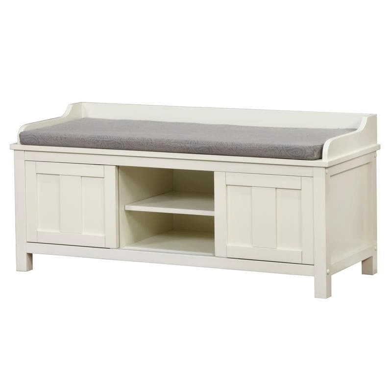 Banc de rangement capitonné avec portes coulissantes, bois et métal, blanc, standard, 45"L x 21"H, 1 place