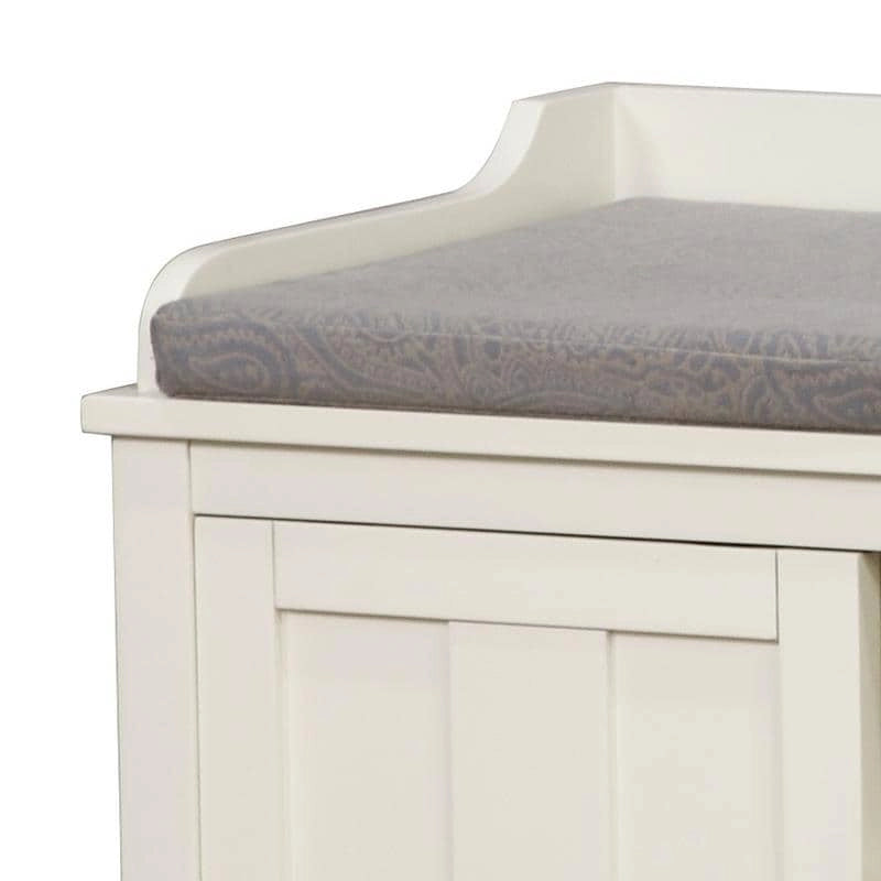 Banc de rangement capitonné avec portes coulissantes, bois et métal, blanc, standard, 45"L x 21"H, 1 place