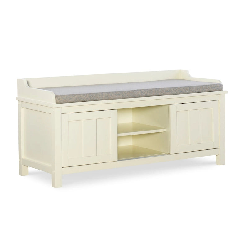Banc de rangement capitonné avec portes coulissantes, bois et métal, blanc, standard, 45"L x 21"H, 1 place