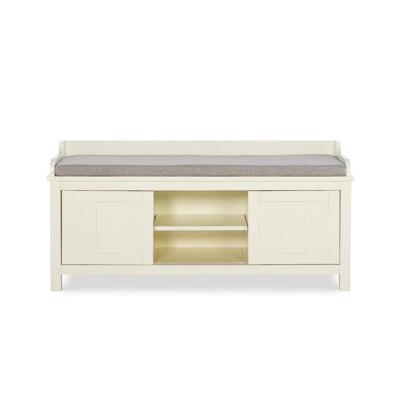 Banc de rangement capitonné avec portes coulissantes, bois et métal, blanc, standard, 45"L x 21"H, 1 place