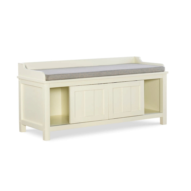 Banc de rangement capitonné avec portes coulissantes, bois et métal, blanc, standard, 45"L x 21"H, 1 place