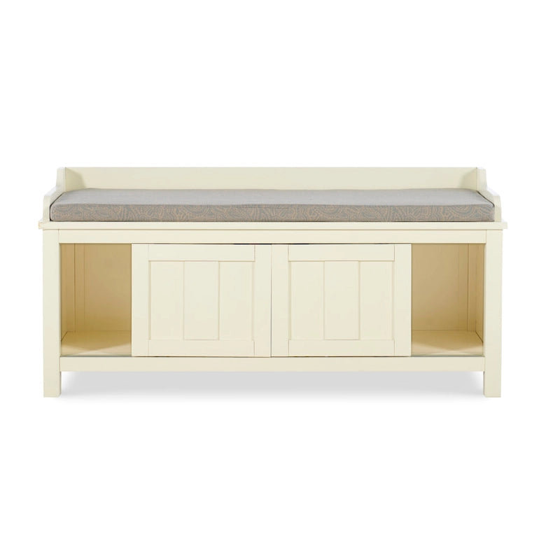 Banc de rangement capitonné avec portes coulissantes, bois et métal, blanc, standard, 45"L x 21"H, 1 place