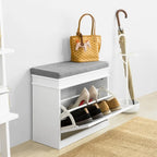 Banc à chaussures d'entrée avec rangement basculant et coussin rembourré, Blanc/Noir/Gris, MDF, 150kg