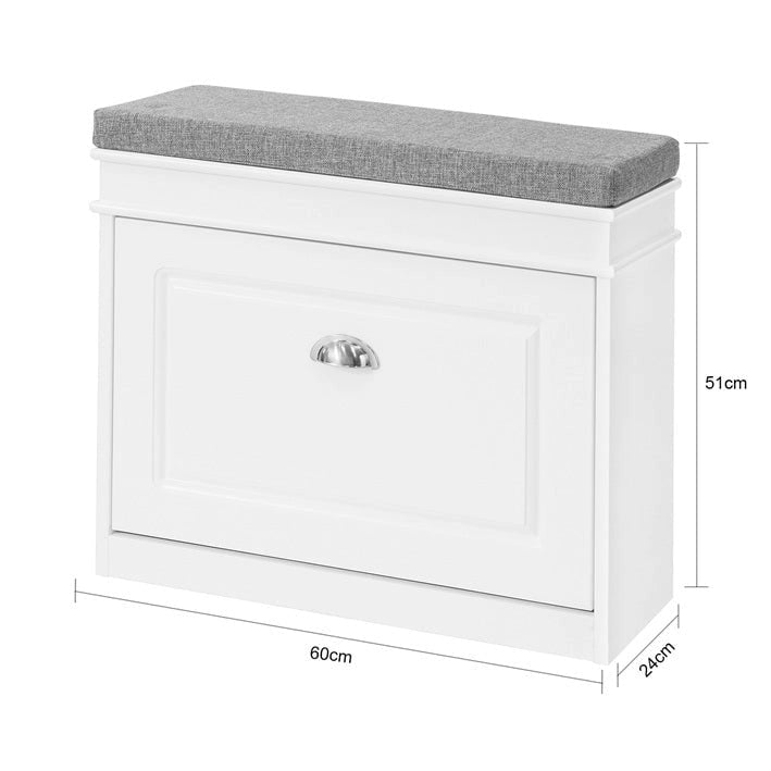 Banc à chaussures d'entrée avec rangement basculant et coussin rembourré, Blanc/Noir/Gris, MDF, 150kg