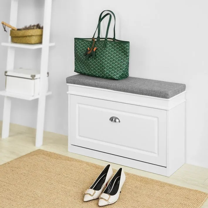 Banc à chaussures d'entrée avec rangement basculant et coussin rembourré, Blanc/Noir/Gris, MDF, 150kg