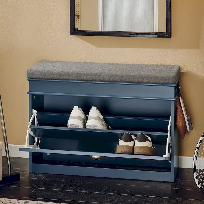 Banc à chaussures d'entrée avec rangement basculant et coussin rembourré, Blanc/Noir/Gris, MDF, 150kg