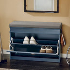 Banc à chaussures d'entrée avec rangement basculant et coussin rembourré, Blanc/Noir/Gris, MDF, 150kg
