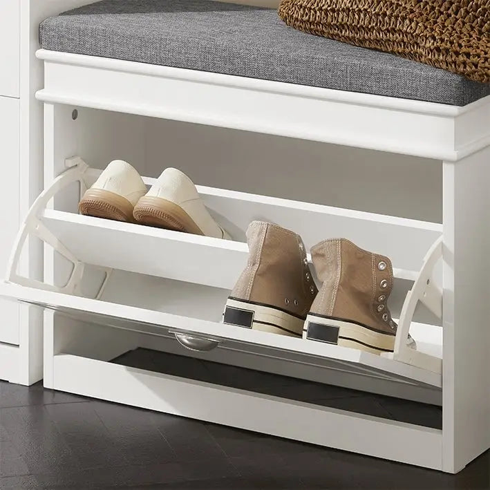 Banc à chaussures d'entrée avec rangement basculant et coussin rembourré, Blanc/Noir/Gris, MDF, 150kg