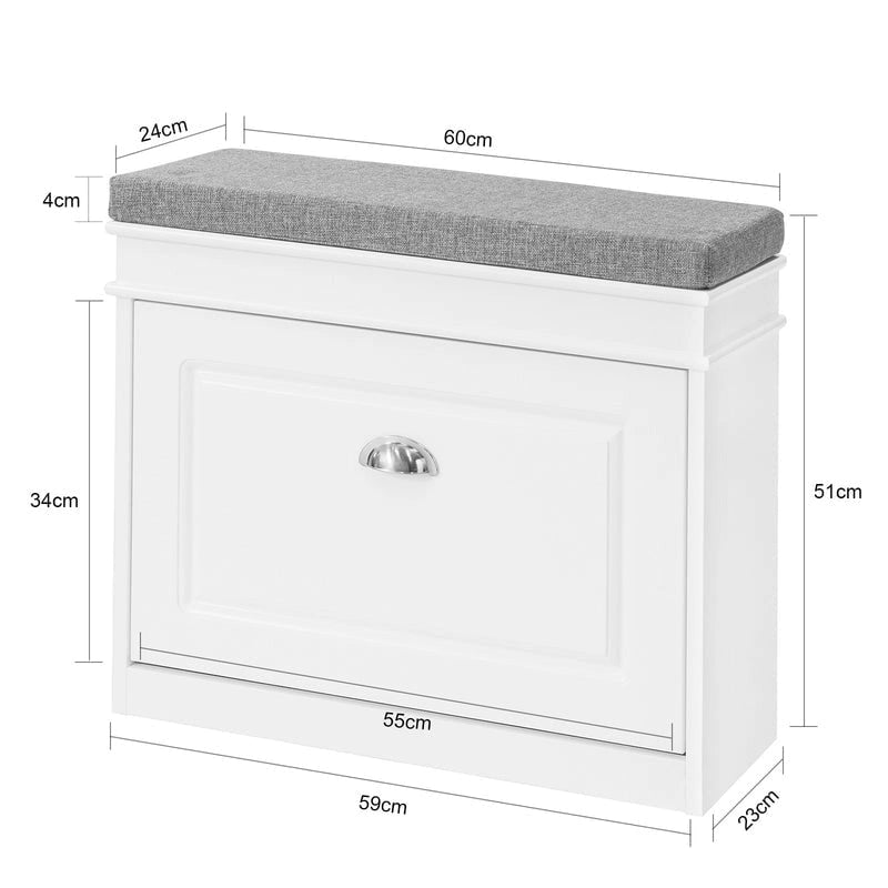 Banc à chaussures d'entrée avec rangement basculant et coussin rembourré, Blanc/Noir/Gris, MDF, 150kg