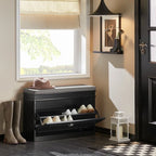 Banc à chaussures d'entrée avec rangement basculant et coussin rembourré, Blanc/Noir/Gris, MDF, 150kg