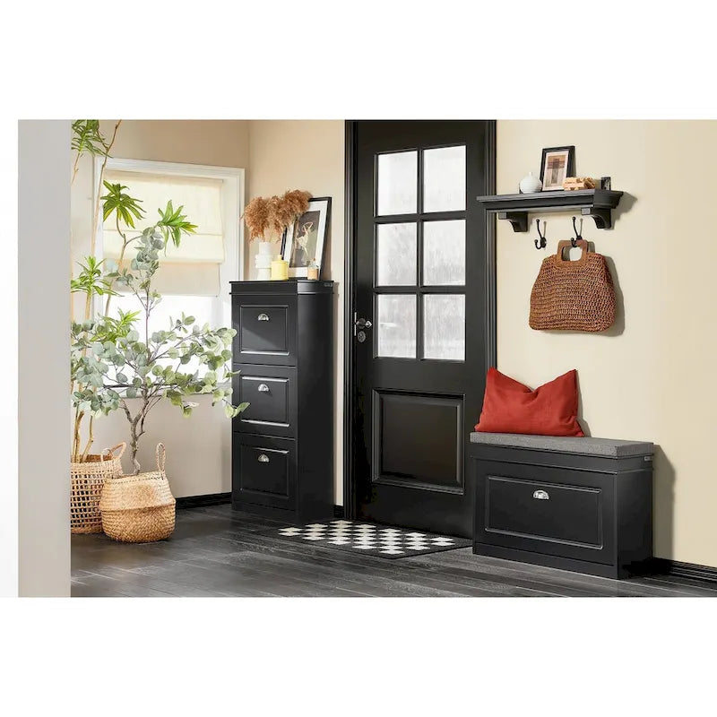 Banc à chaussures d'entrée avec rangement basculant et coussin rembourré, Blanc/Noir/Gris, MDF, 150kg