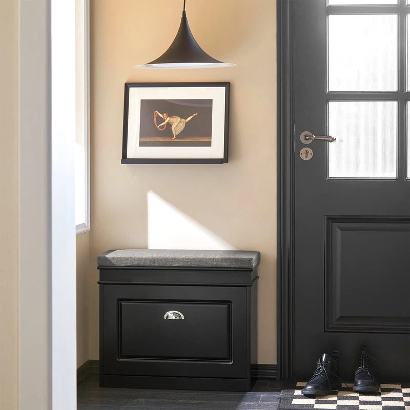 Banc à chaussures d'entrée avec rangement basculant et coussin rembourré, Blanc/Noir/Gris, MDF, 150kg