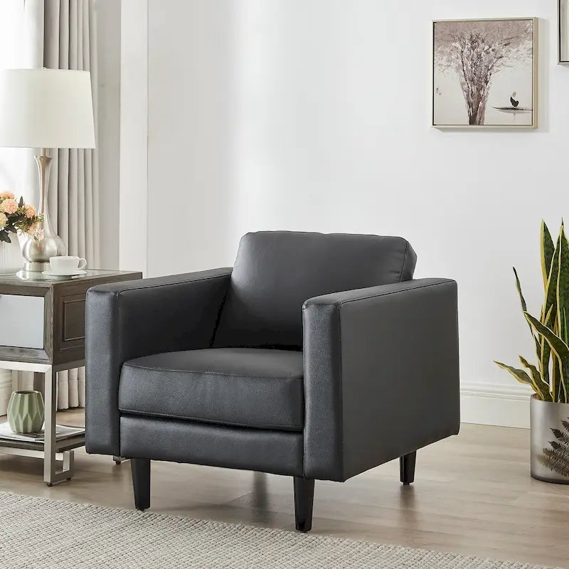 Fauteuil d'appoint en cuir véritable, noir/camel, moderne du milieu du siècle, coussin haute densité, 1 place