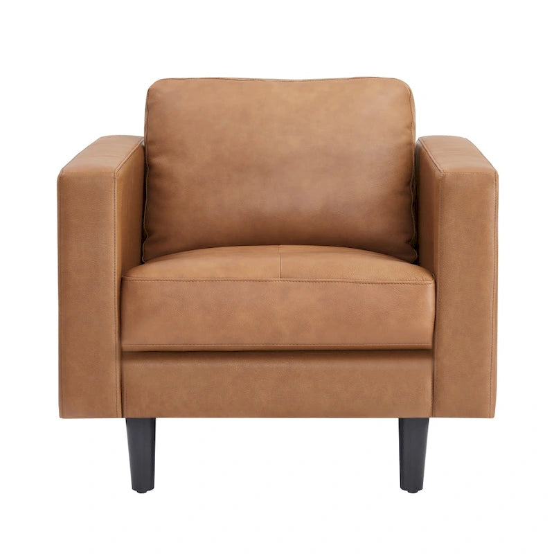 Fauteuil d'appoint en cuir véritable, noir/camel, moderne du milieu du siècle, coussin haute densité, 1 place