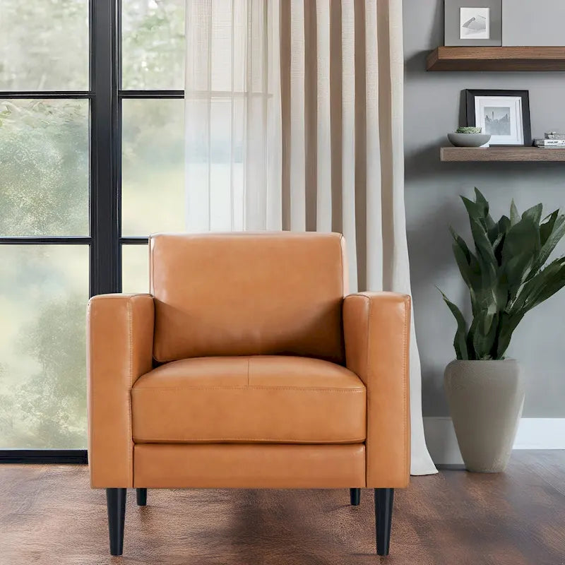 Fauteuil d'appoint en cuir véritable, noir/camel, moderne du milieu du siècle, coussin haute densité, 1 place